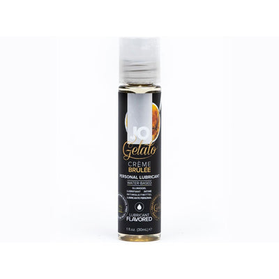 Bottle of Jo Gelato Crème Brûlée flavored water-based personal lubricant 1 fl oz with black label and clear cap.