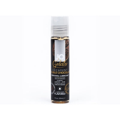 Jo Gelato Decadent Double Chocolate flavored water-based personal lubricant in a 1 fl oz clear bottle with black label.