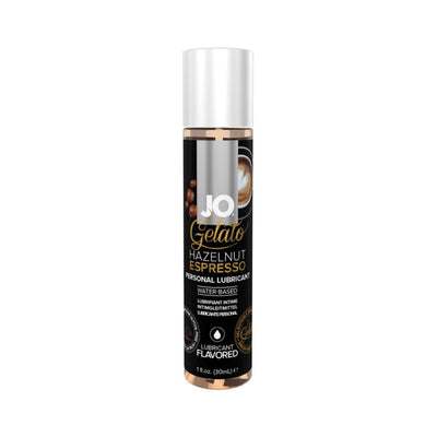 Bottle of Jo Gelato Hazelnut Espresso flavored water-based personal lubricant 1 fl oz with black and gold label.