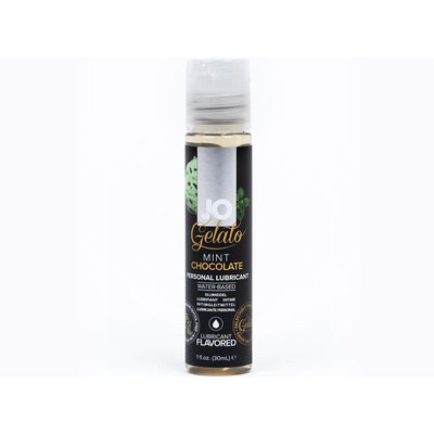 Bottle of Jo Gelato Mint Chocolate flavored water-based personal lubricant 1 fl oz with black label and clear cap.
