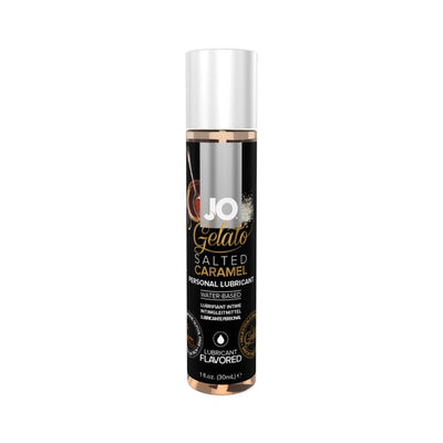 Jo Gelato Salted Caramel flavored water-based personal lubricant in a 1 fl oz bottle with black and gold label.