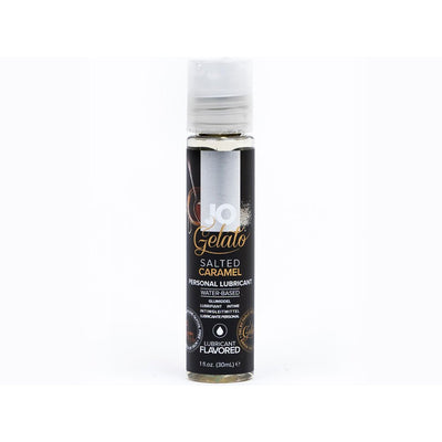 1 fl oz bottle of Jo Gelato Salted Caramel flavored water-based personal lubricant with black label.