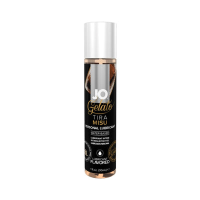 Bottle of Jo Gelato Tira Misu flavored water-based personal lubricant 1 fl oz with black and gold label.