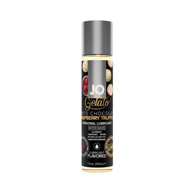 1 fl oz bottle of Jo Gelato White Chocolate Raspberry Truffle flavored water-based personal lubricant with black and gold label.