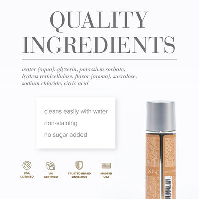 Back view of Jo H20 Flavored Candy Shop lubricant bottle with ingredient list and product quality icons.