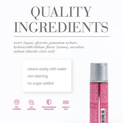 Back view of Jo H20 Flavored Candy Shop 2oz bottle with ingredient list and product benefits on white background.