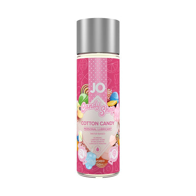 Bottle of Jo H20 Candy Shop Cotton Candy flavored water-based personal lubricant with colorful candy illustrations on label.
