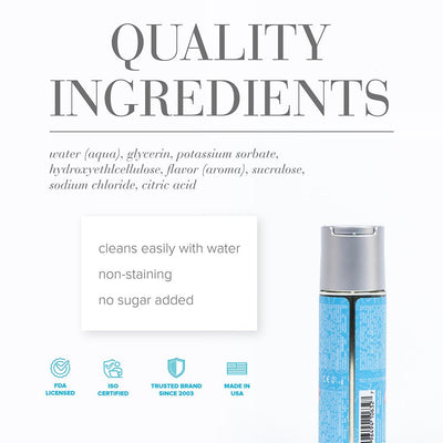 Back view of Jo H20 Flavored Candy Shop lubricant bottle with ingredient list and product benefits on white background.