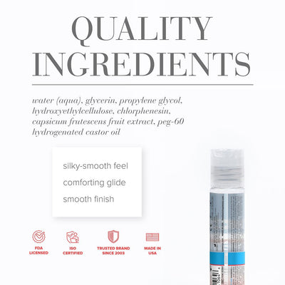 JO H20 Warming Lubricant 1oz bottle with ingredient list and product benefits on white background