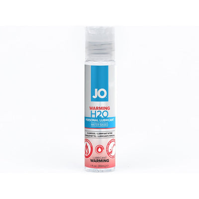 JO H20 Warming water-based personal lubricant in a clear 1oz bottle with blue and red label.