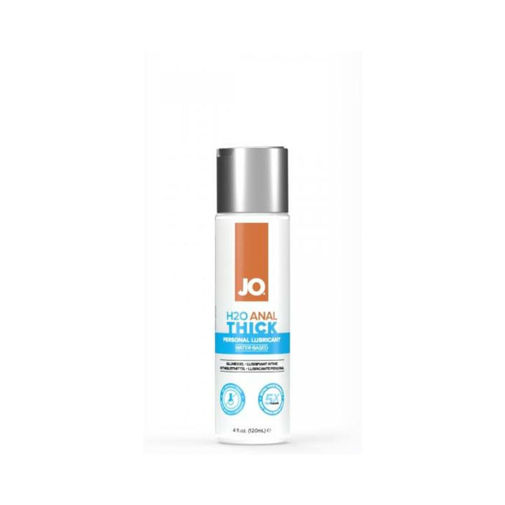 Bottle of JO H2O Anal Thick water-based personal lubricant with silver cap and white label.