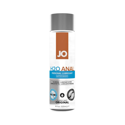 Bottle of JO H2O Anal water-based personal lubricant with silver cap and clear label design.