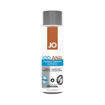 Bottle of JO H2O Anal Personal Lubricant, water-based formula, 4 fl oz with silver cap and clear label design.