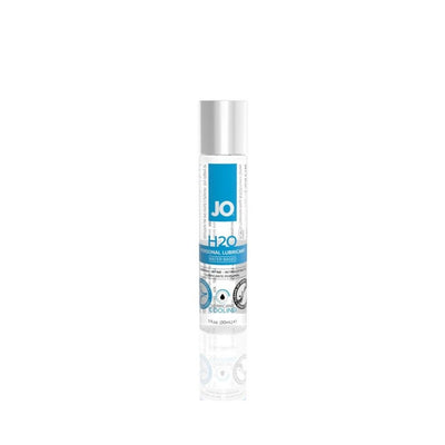 Jo H2O Cool water-based personal lubricant in a clear 1 fl oz bottle with blue and white label and silver cap.