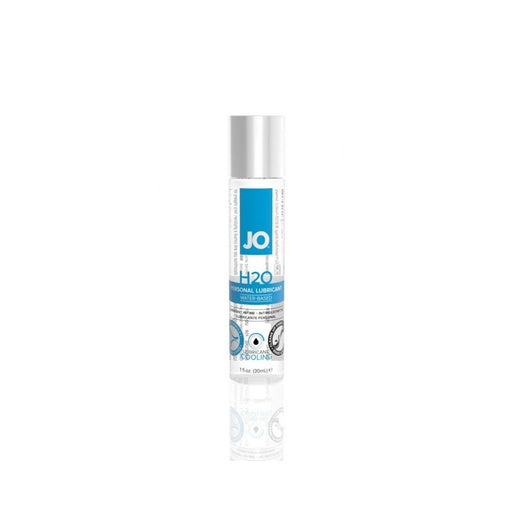 Jo H2O Cool water-based personal lubricant in a clear 1 fl oz bottle with blue and white label and silver cap.