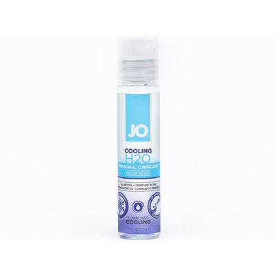 Bottle of JO H2O Cooling water-based personal lubricant with blue and purple label on white background.