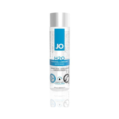 Bottle of Jo H2O Cool water-based personal lubricant with cooling effect, 4 fl oz size on white background.