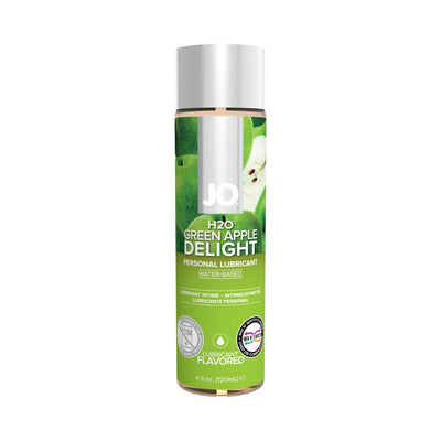 Bottle of Jo H2O Green Apple flavored water-based personal lubricant, 4 oz with green apple graphics on label.