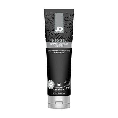 Tube of Jo H2o Gel Original water-based personal lubricant in black and gray packaging, 4 fl oz size.