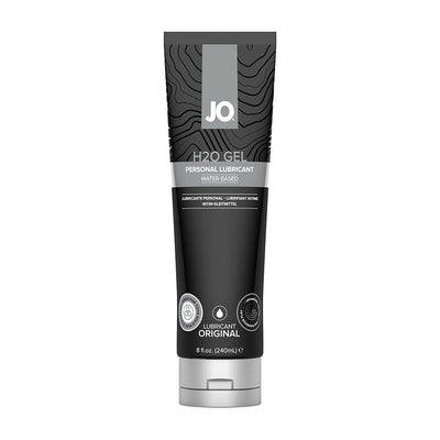 Tube of Jo H2o Gel Original water-based personal lubricant in black and gray packaging, 8 fl oz size.