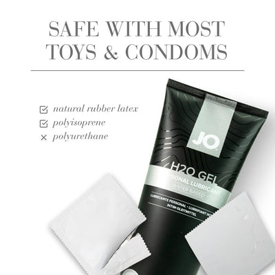 Tube of Jo H2o water-based lubricant with text highlighting compatibility with most toys and condoms including latex and polyisoprene.