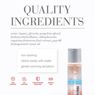 Back view of Jo H2O Warming Anal Lubricant bottle with ingredient list and product benefits on white background.