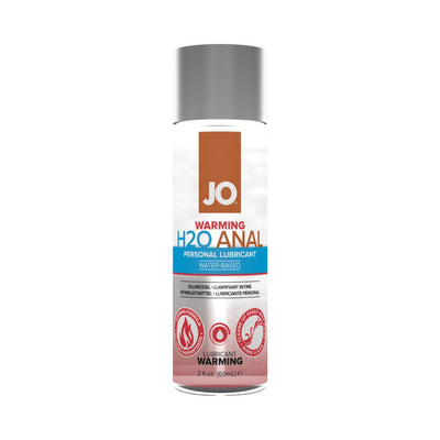 Bottle of Jo H2O Warming Anal water-based personal lubricant with silver cap and warming formula icons.