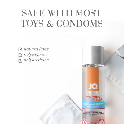 Bottle of Jo H2O Warming Anal Water Based Lubricant with condom packets and text highlighting compatibility with most toys and condoms.