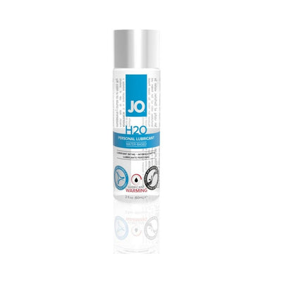 Bottle of Jo H2O warming water-based personal lubricant with blue and white label on white background.