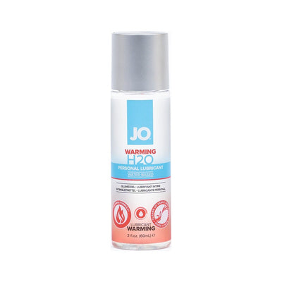 Bottle of Jo H2O Warming water-based personal lubricant with silver cap and blue and red label, 2 fl oz size.