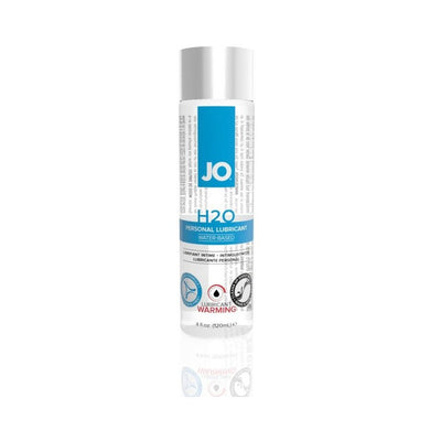 Bottle of Jo H2O Warming water-based personal lubricant with blue and white label and silver cap.
