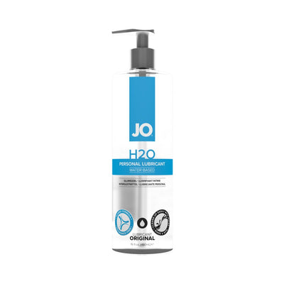 Bottle of JO H2O water-based personal lubricant with pump dispenser and blue label on white background.