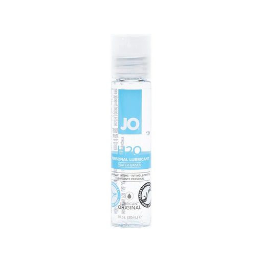 Clear 1 fl oz bottle of JO H2O water-based personal lubricant with blue and white label on white background.