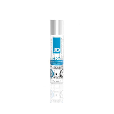 Bottle of JO H2O water-based personal lubricant with blue and white label on a white background.