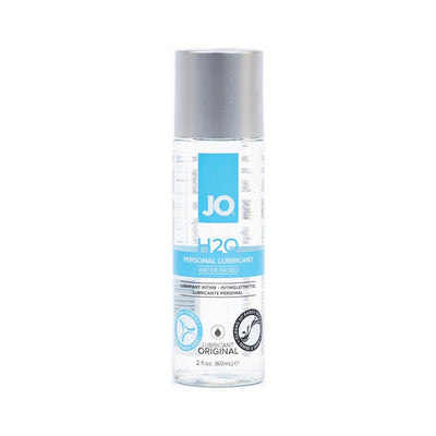 Clear 2 oz bottle of JO H2O water-based personal lubricant with blue label and silver cap on white background.