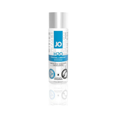 Bottle of JO H2O water-based personal lubricant with blue and white label on a white background.