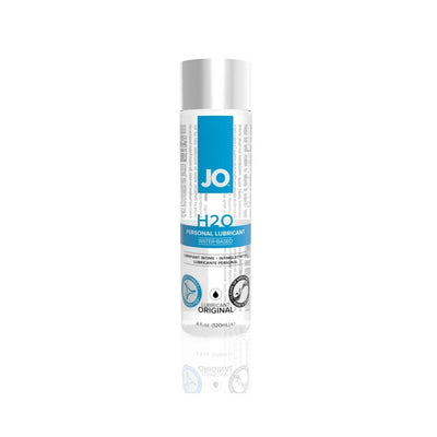 Bottle of JO H2O water-based personal lubricant with blue and white label on a white background.