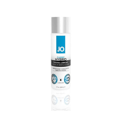 Bottle of JO Classic Hybrid personal lubricant with water and silicone fusion, 2 fl oz size on white background.