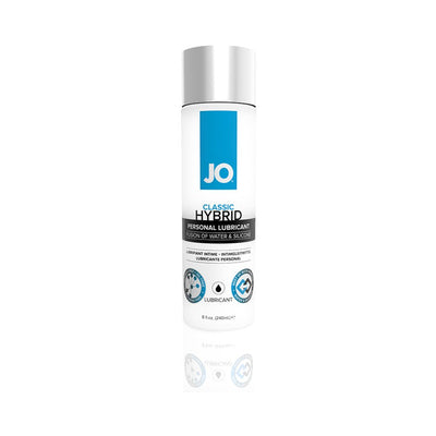 Bottle of JO Classic Hybrid personal lubricant with water and silicone fusion, 8 fl oz, white and blue packaging.