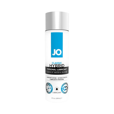 Bottle of JO Classic Hybrid personal lubricant with water and silicone fusion, 8 fl oz size, white and blue packaging.