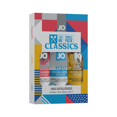 Jo Limited Edition Tri-me Triple Pack Classics with three 30ml bottles of water-based personal lubricants and massage gel.