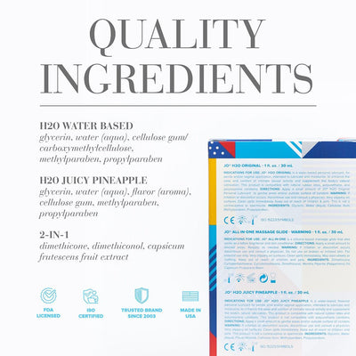 Close-up of Jo Limited Edition Tri-me Triple Pack packaging highlighting quality ingredients and product certifications.