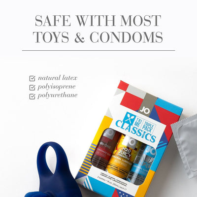 Jo Limited Edition Tri-me Triple Pack Classics personal lubricants with a blue silicone ring and condom packaging.