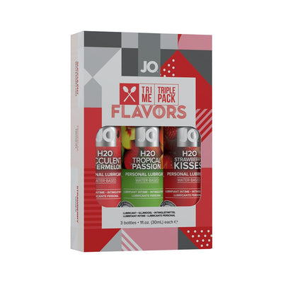 Jo Limited Edition Tri-me Triple Pack featuring three water-based personal lubricants in watermelon, tropical passion, and strawberry flavors.