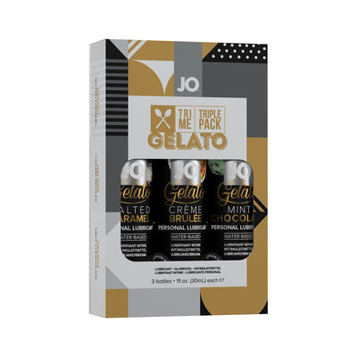 Jo Limited Edition Tri-me Triple Pack Gelato personal lubricants in salted caramel, crème brûlée, and mint chocolate flavors.