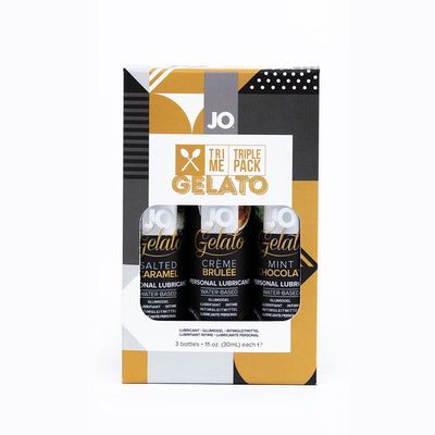 Jo Limited Edition Tri-me Triple Pack Gelato personal lubricants in salted caramel, crème brûlée, and mint chocolate flavors.