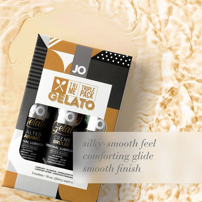 Jo Limited Edition Tri-me Triple Pack Gelato personal lubricants with salted caramel and crème brûlée flavors