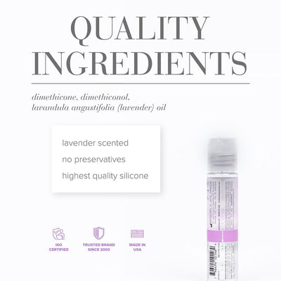 Bottle of Jo Massage Glide Lavender with text highlighting quality ingredients and product certifications