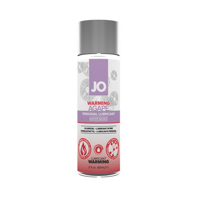 Jo Natural Agape Warming personal lubricant bottle, water-based, 2 oz with silver cap and purple label accents.
