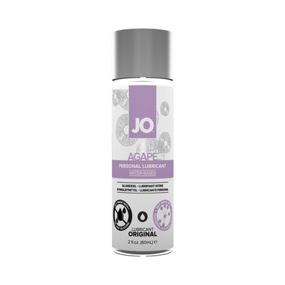 Bottle of JO Agape Original water-based personal lubricant with purple and white label, 2 fl oz size.